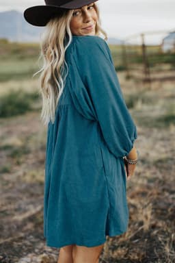 image-Blue Corduroy Snap Buttons Empire Waist Bracelet Sleeve Dress