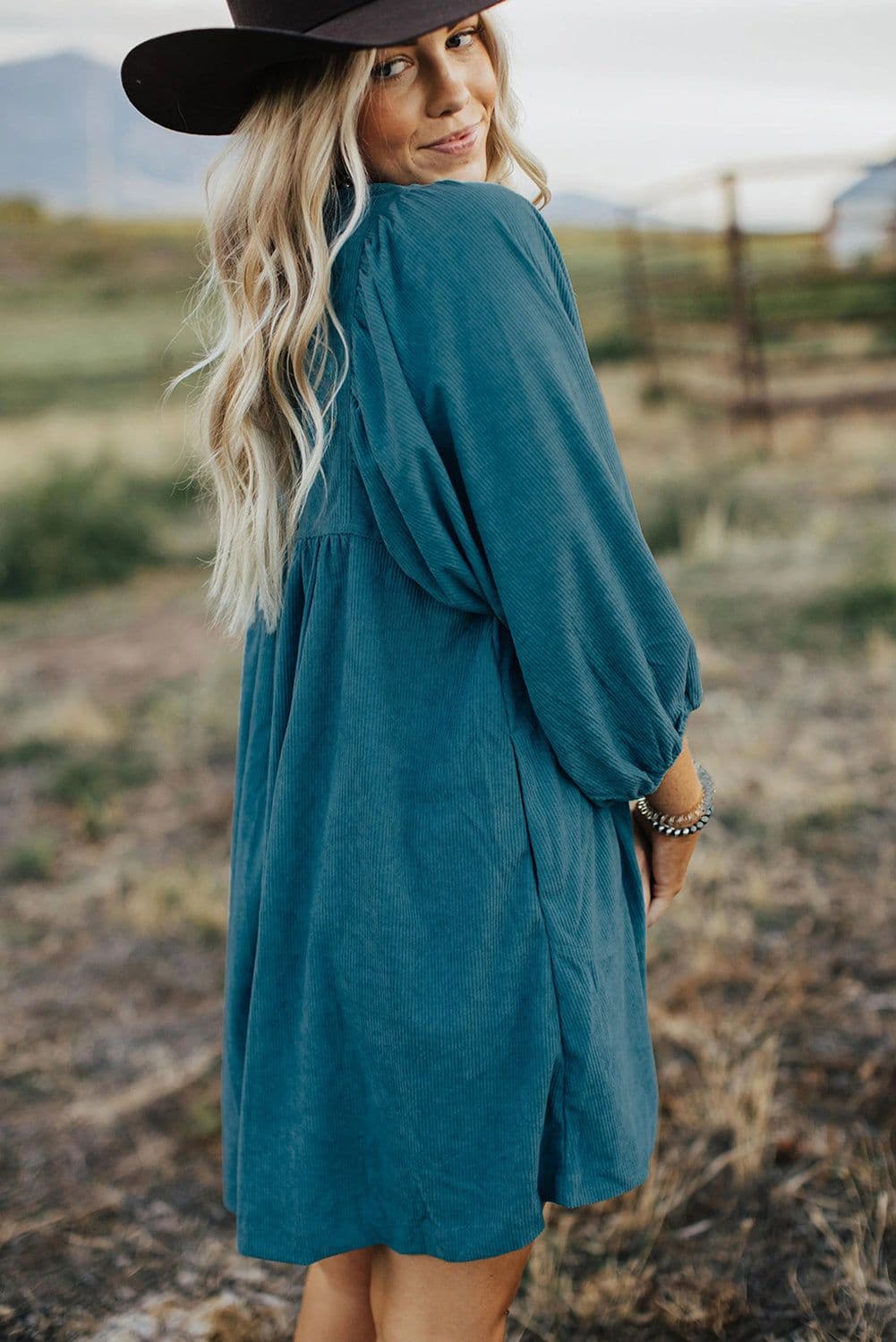 image-Blue Corduroy Snap Buttons Empire Waist Bracelet Sleeve Dress