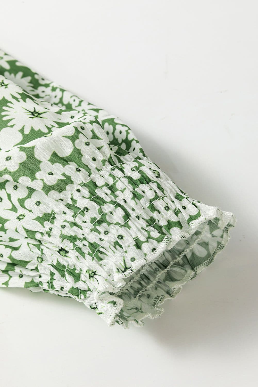 image-Green Floral Print Square Neck Shirred Waist Tiered Ruffled Mini Dress