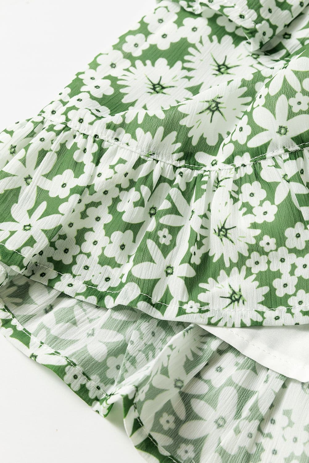 image-Green Floral Print Square Neck Shirred Waist Tiered Ruffled Mini Dress