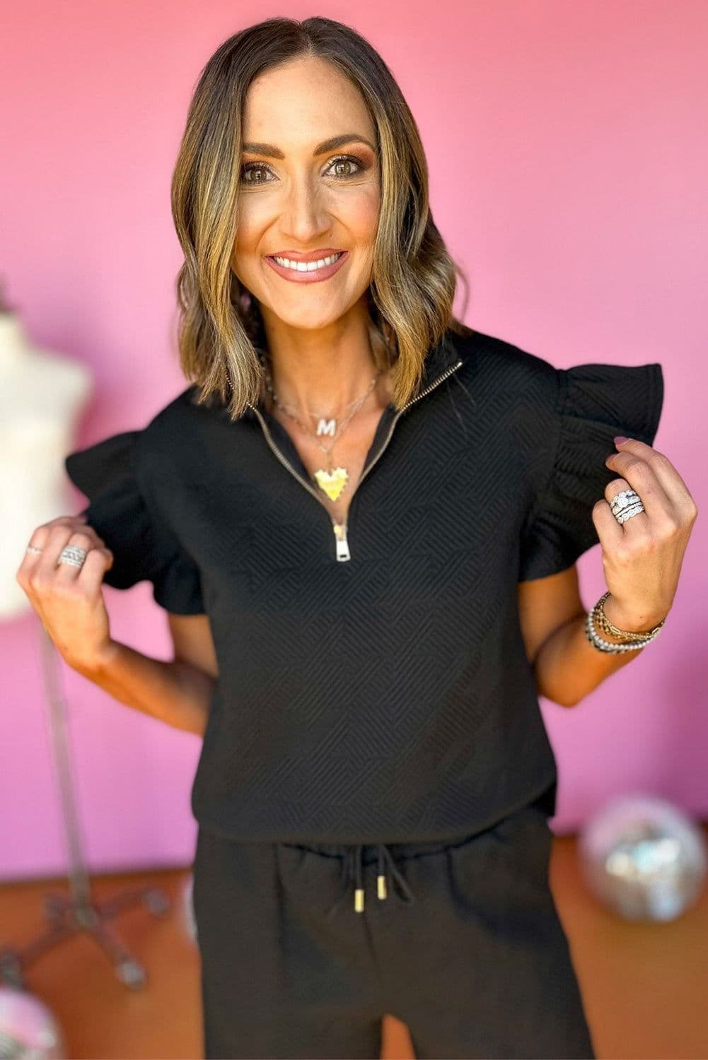image-Black Textured Flutter Sleeve Top Wide Leg Pants Set