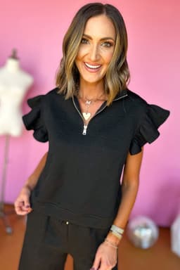 image-Black Textured Flutter Sleeve Top Wide Leg Pants Set