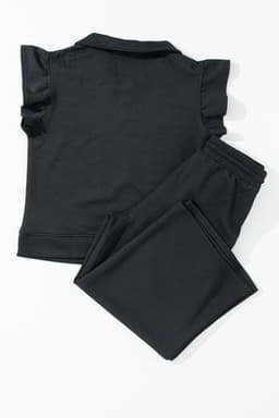 image-Black Textured Flutter Sleeve Top Wide Leg Pants Set