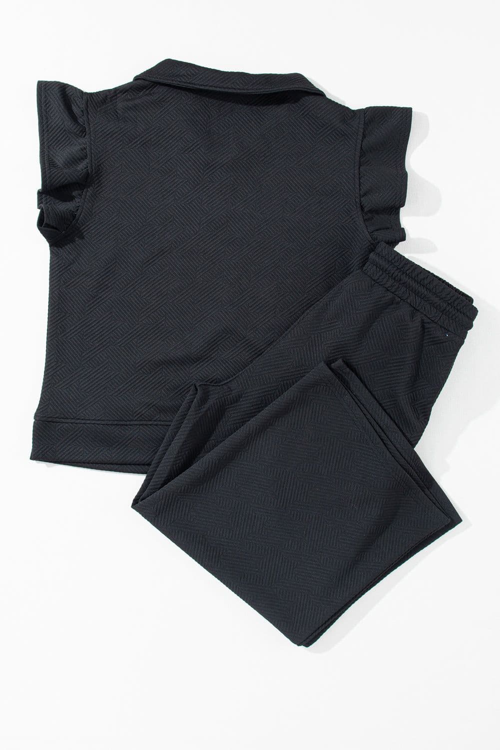 image-Black Textured Flutter Sleeve Top Wide Leg Pants Set