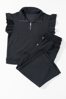 image-Black Textured Flutter Sleeve Top Wide Leg Pants Set