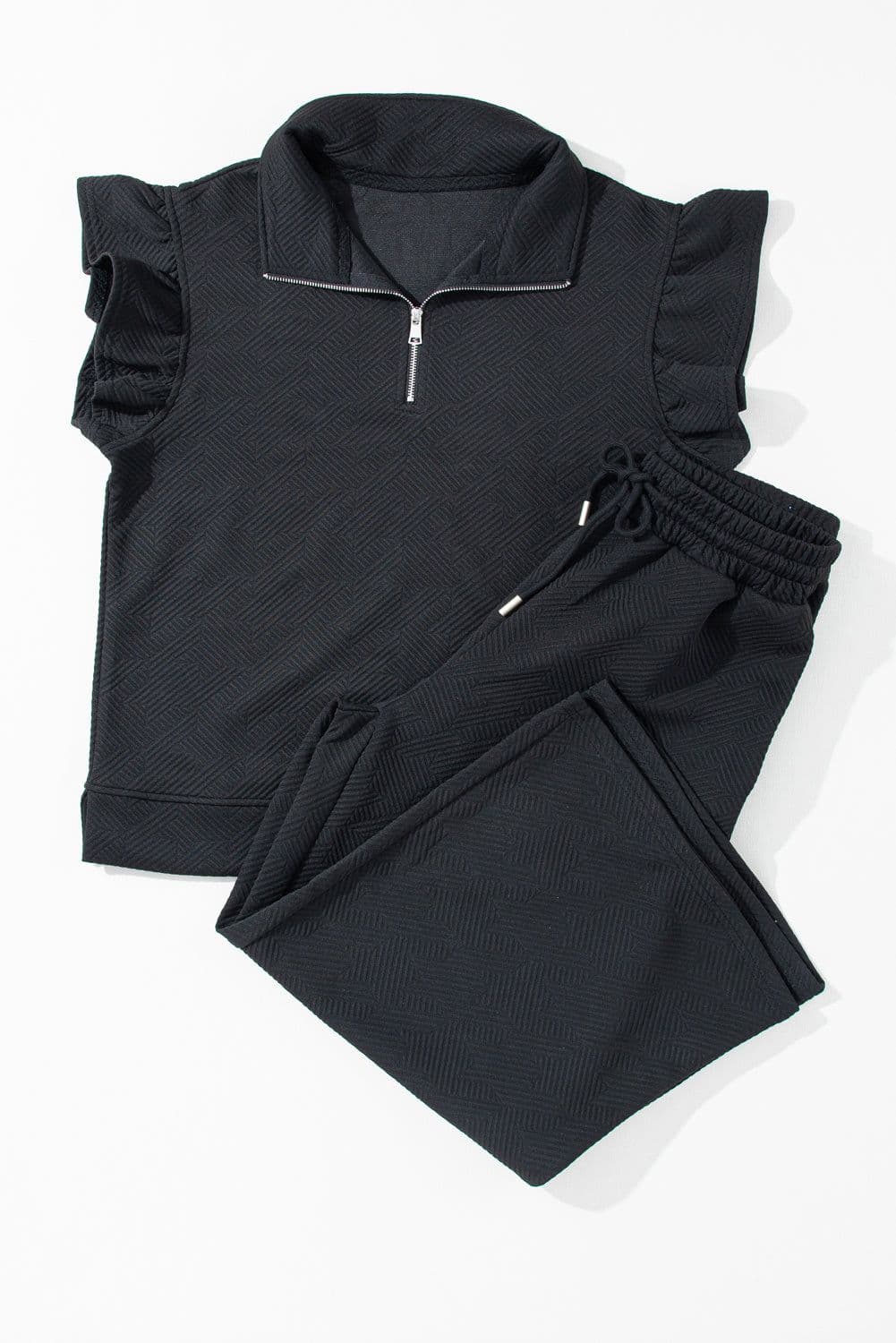 image-Black Textured Flutter Sleeve Top Wide Leg Pants Set