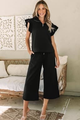image-Black Textured Flutter Sleeve Top Wide Leg Pants Set