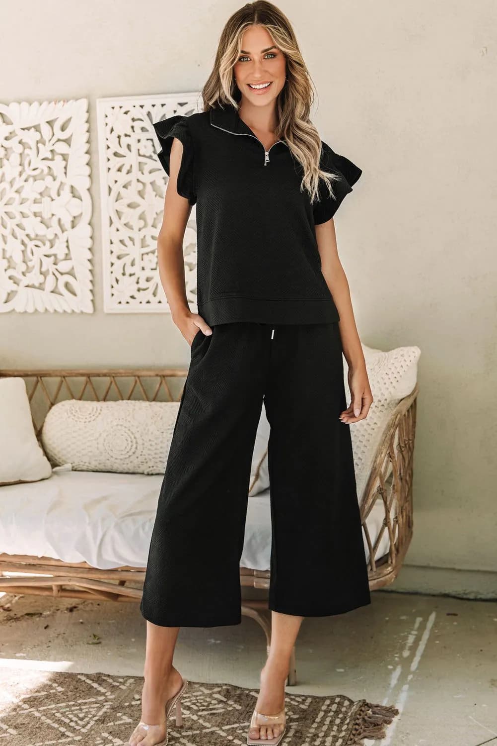 image-Black Textured Flutter Sleeve Top Wide Leg Pants Set