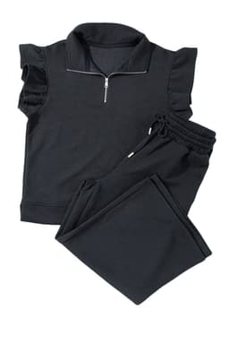 image-Black Textured Flutter Sleeve Top Wide Leg Pants Set