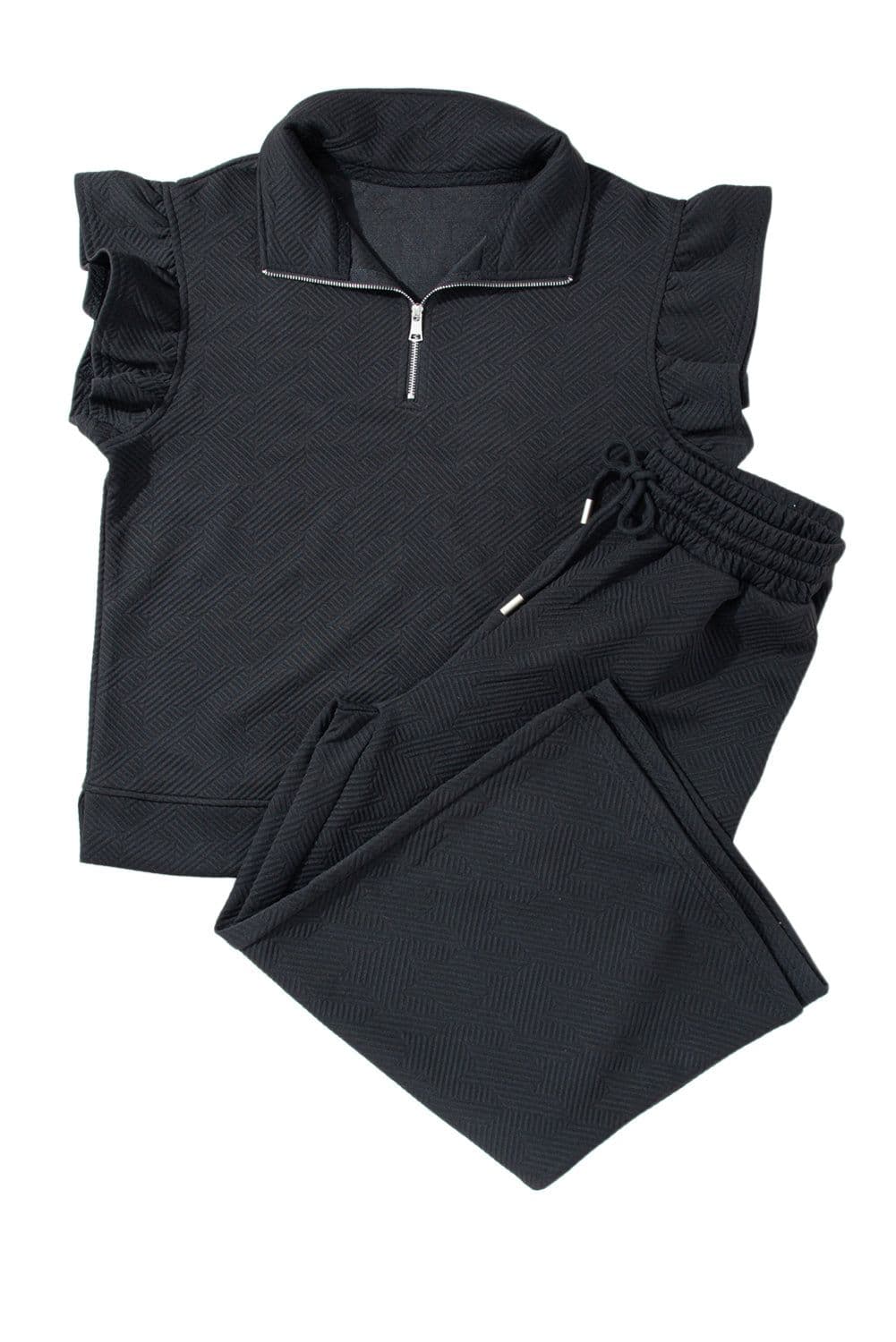 image-Black Textured Flutter Sleeve Top Wide Leg Pants Set