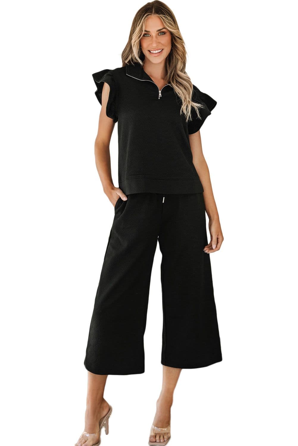 image-Black Textured Flutter Sleeve Top Wide Leg Pants Set