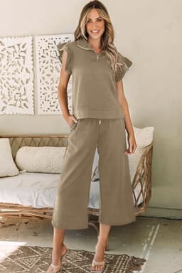image-Black Textured Flutter Sleeve Top Wide Leg Pants Set