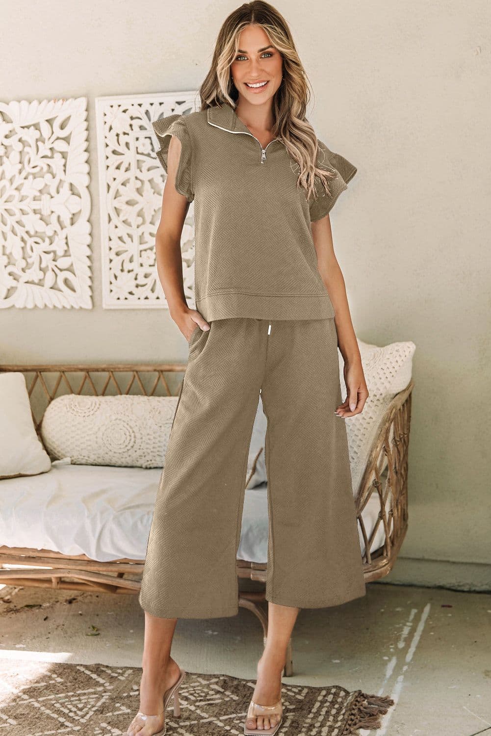 image-Black Textured Flutter Sleeve Top Wide Leg Pants Set
