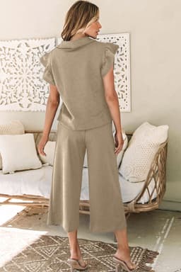 image-Black Textured Flutter Sleeve Top Wide Leg Pants Set