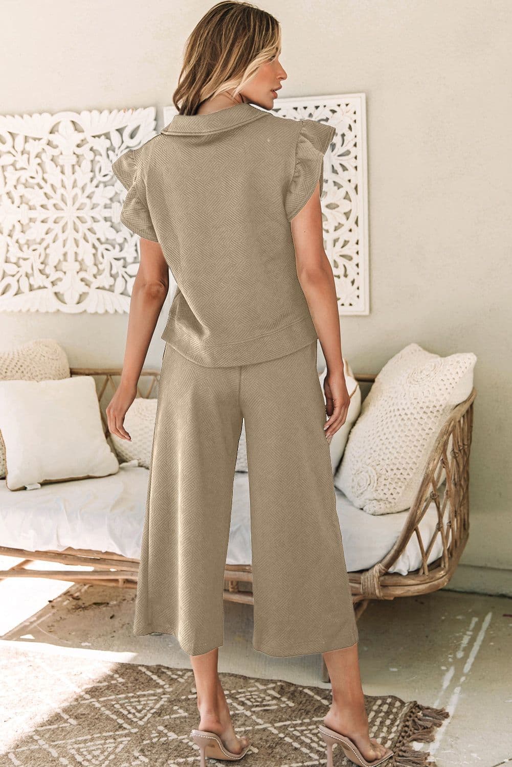 image-Black Textured Flutter Sleeve Top Wide Leg Pants Set