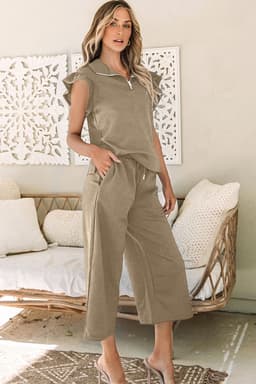 image-Black Textured Flutter Sleeve Top Wide Leg Pants Set