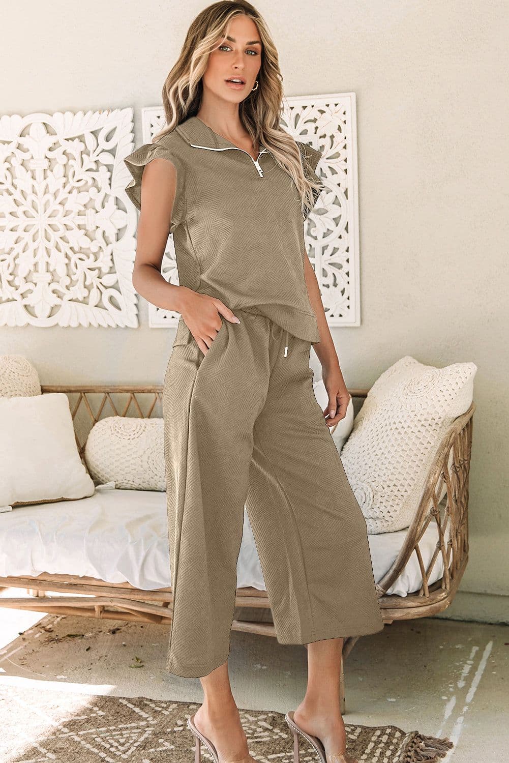 image-Black Textured Flutter Sleeve Top Wide Leg Pants Set