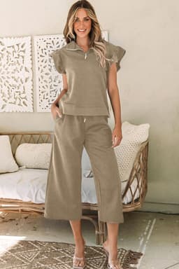 image-Black Textured Flutter Sleeve Top Wide Leg Pants Set