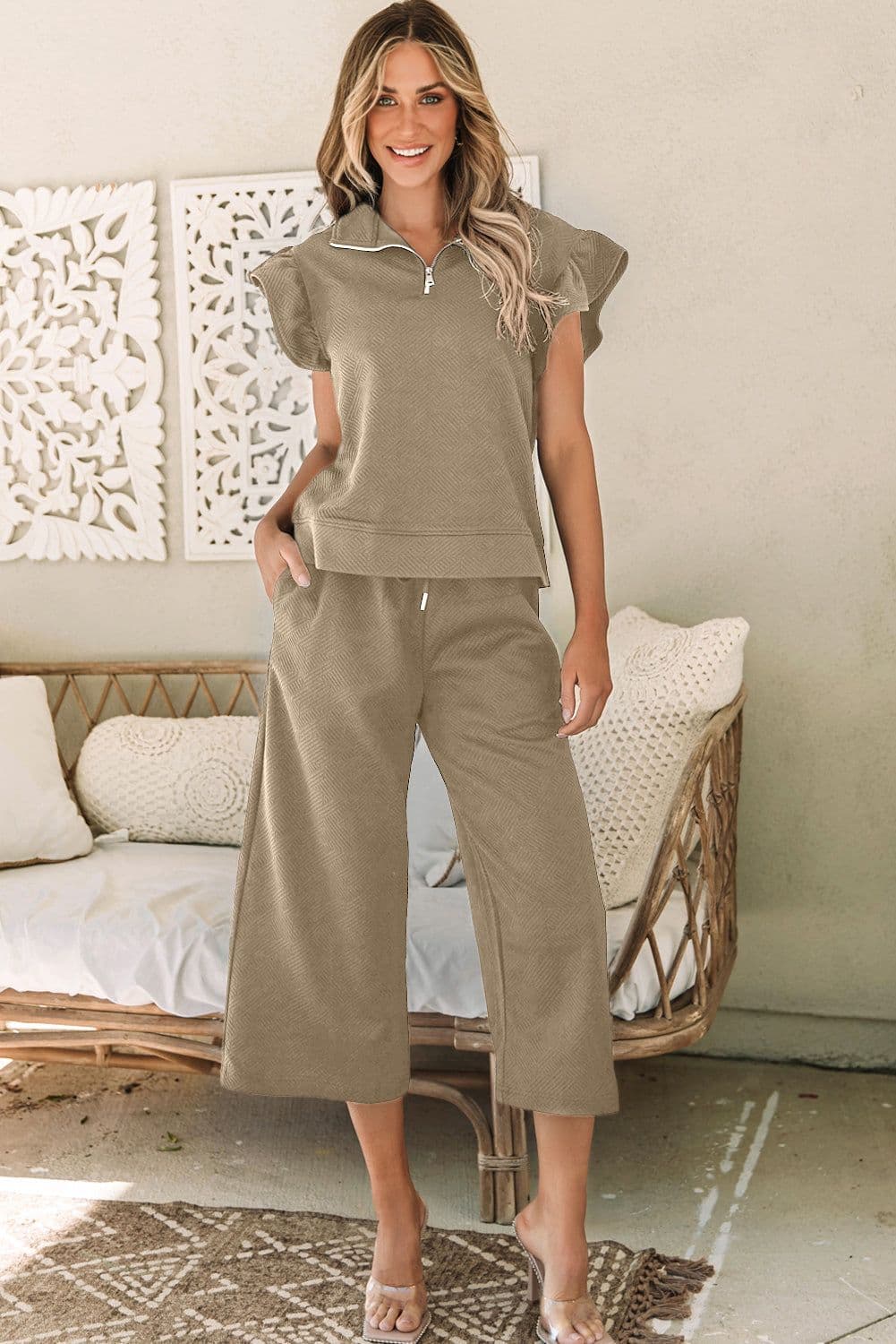 image-Black Textured Flutter Sleeve Top Wide Leg Pants Set