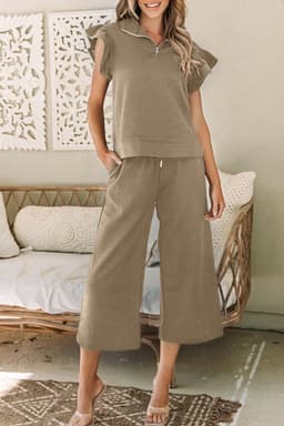 image-Black Textured Flutter Sleeve Top Wide Leg Pants Set