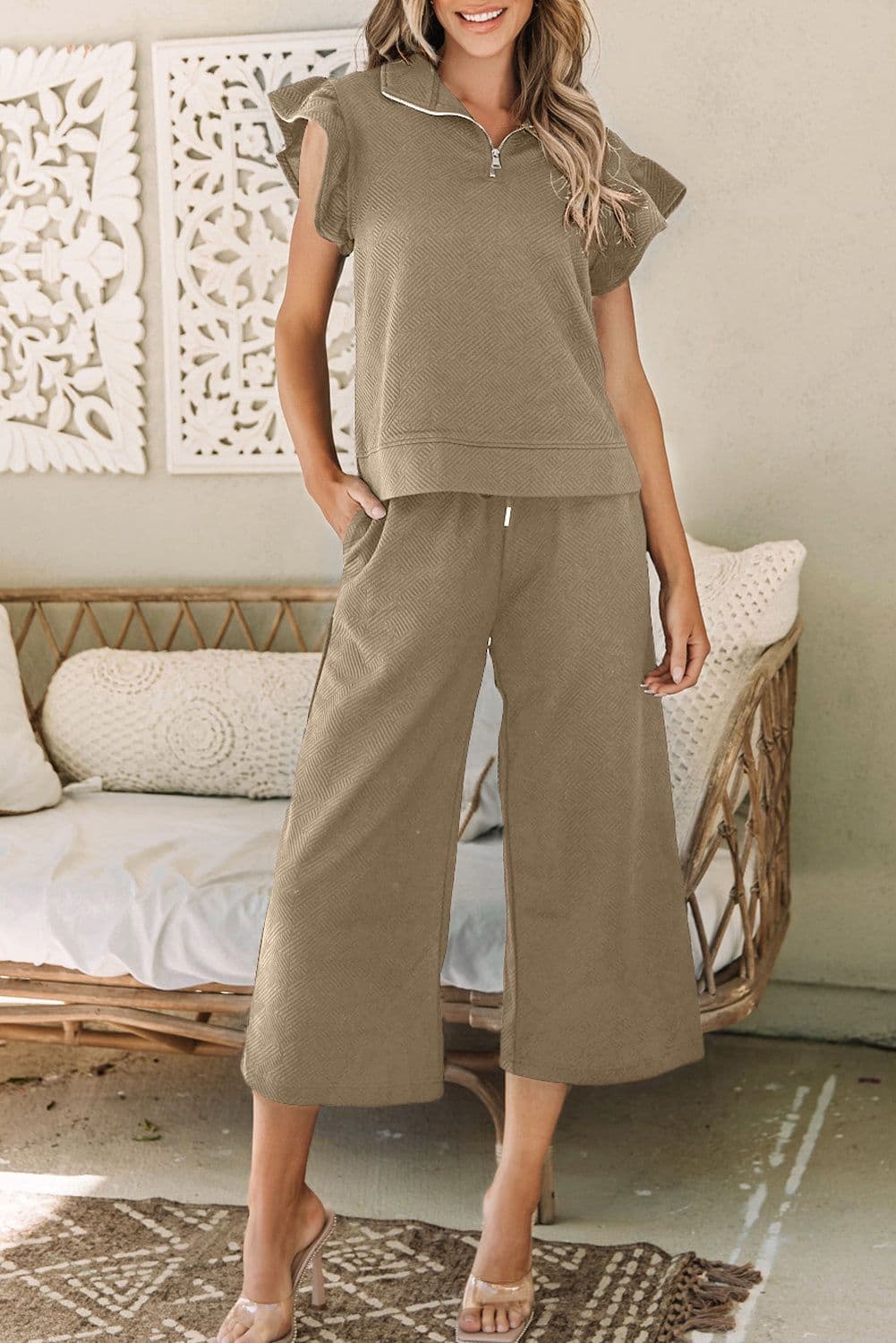 image-Black Textured Flutter Sleeve Top Wide Leg Pants Set