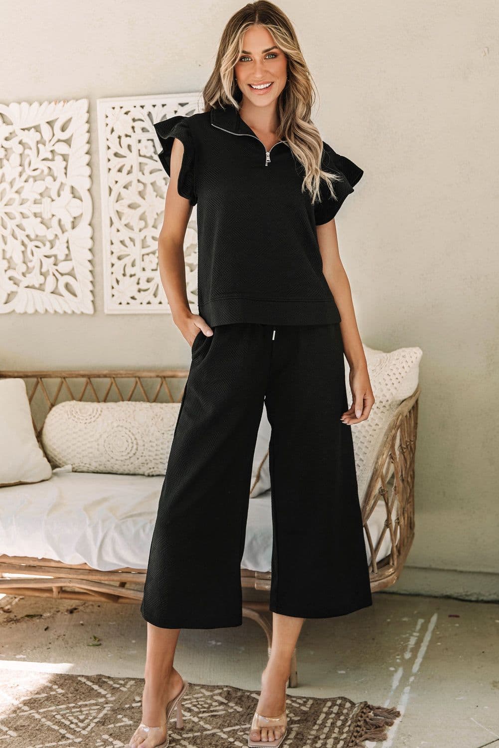 image-Black Textured Flutter Sleeve Top Wide Leg Pants Set