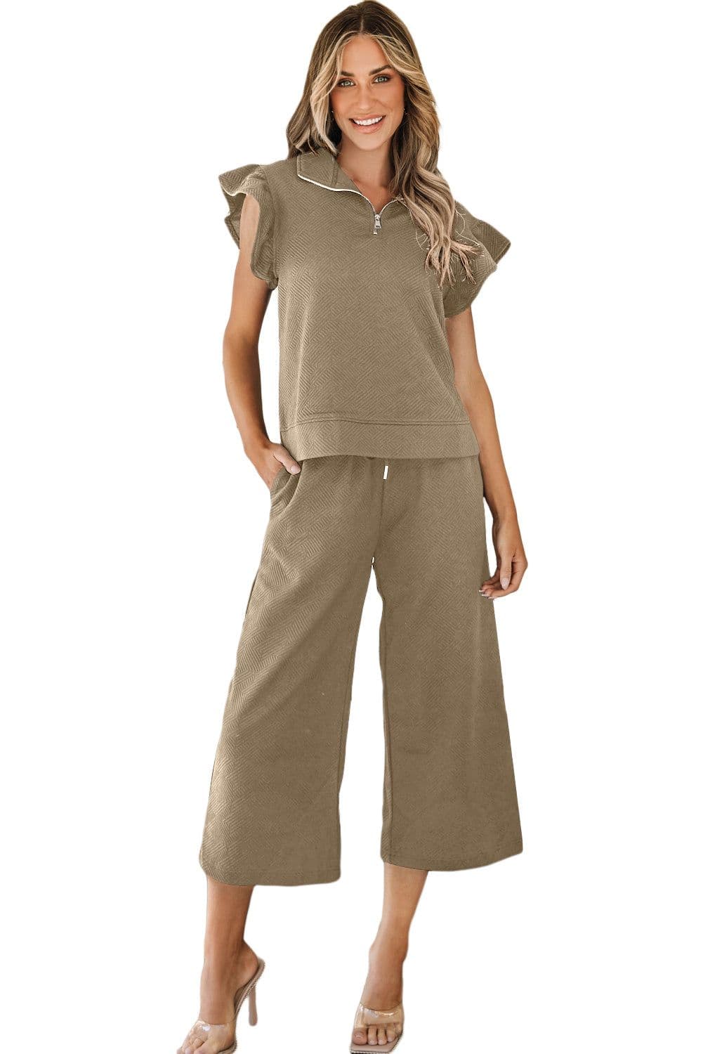 image-Black Textured Flutter Sleeve Top Wide Leg Pants Set