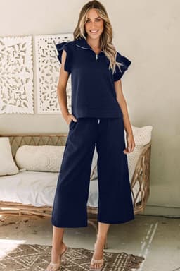 image-Black Textured Flutter Sleeve Top Wide Leg Pants Set