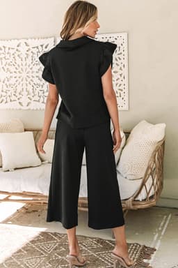 image-Black Textured Flutter Sleeve Top Wide Leg Pants Set