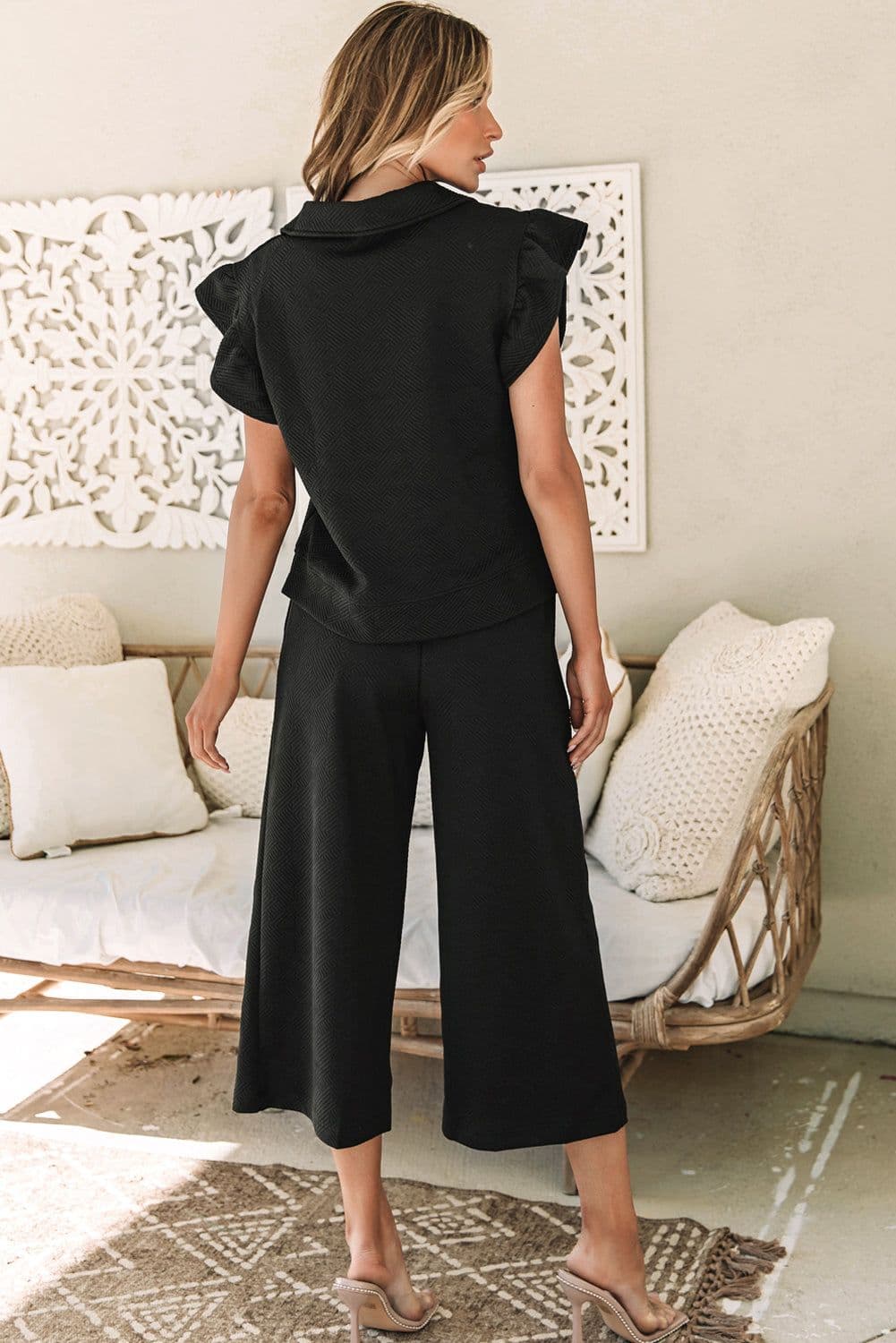 image-Black Textured Flutter Sleeve Top Wide Leg Pants Set