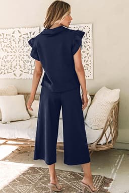 image-Black Textured Flutter Sleeve Top Wide Leg Pants Set