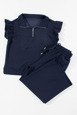 image-Black Textured Flutter Sleeve Top Wide Leg Pants Set