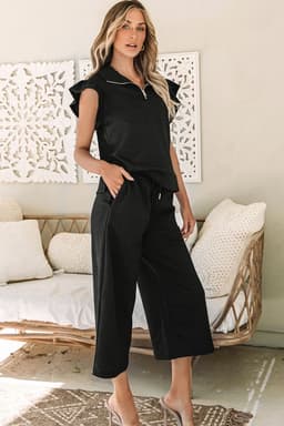 image-Black Textured Flutter Sleeve Top Wide Leg Pants Set