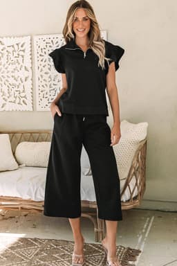 image-Black Textured Flutter Sleeve Top Wide Leg Pants Set