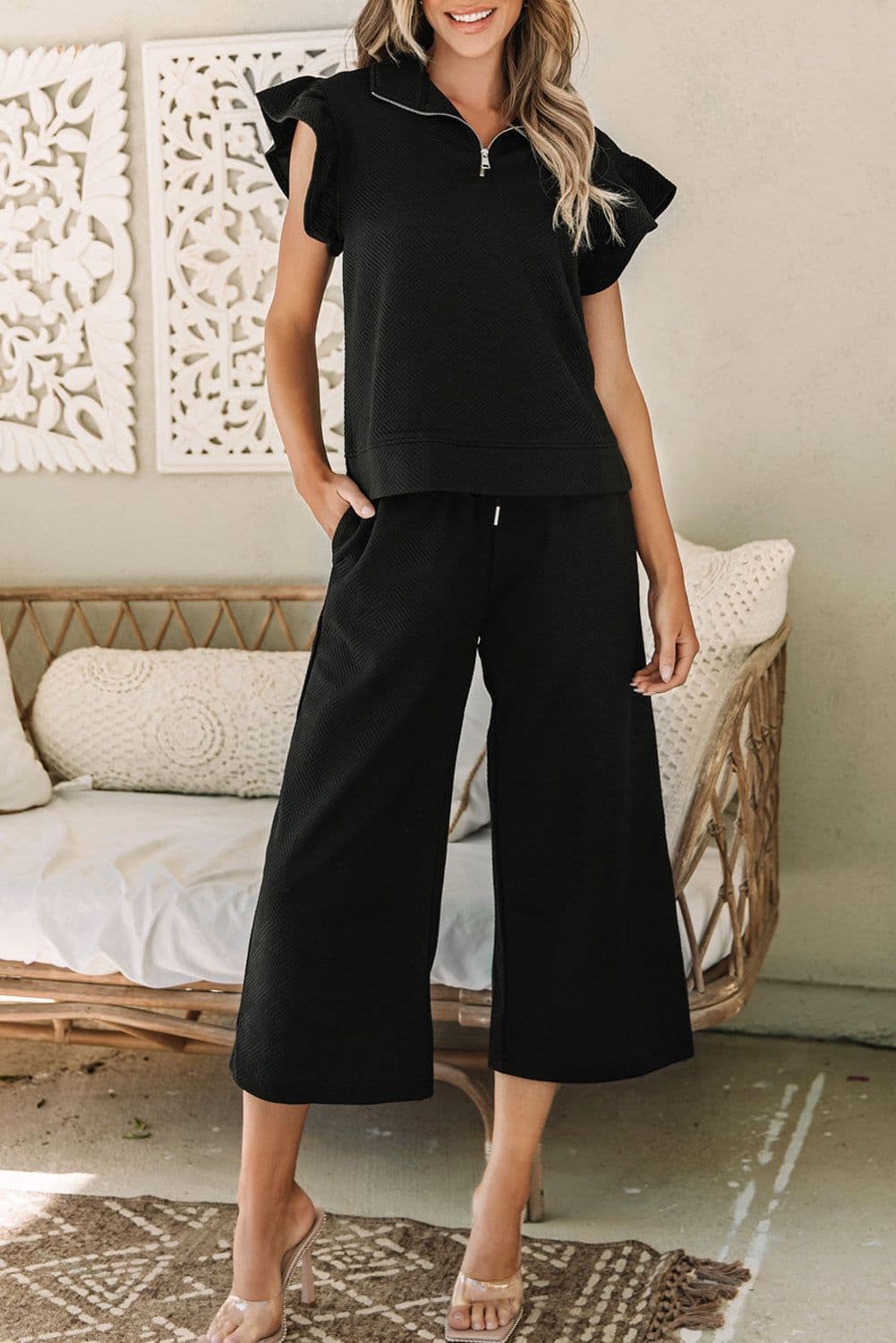 image-Black Textured Flutter Sleeve Top Wide Leg Pants Set