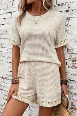 image-Beige Fringe Trim Textured Short Two Piece Set