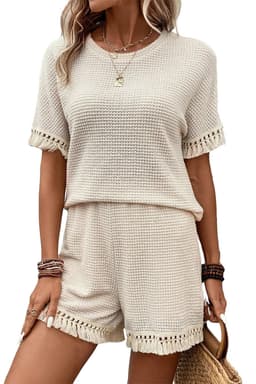 image-Beige Fringe Trim Textured Short Two Piece Set
