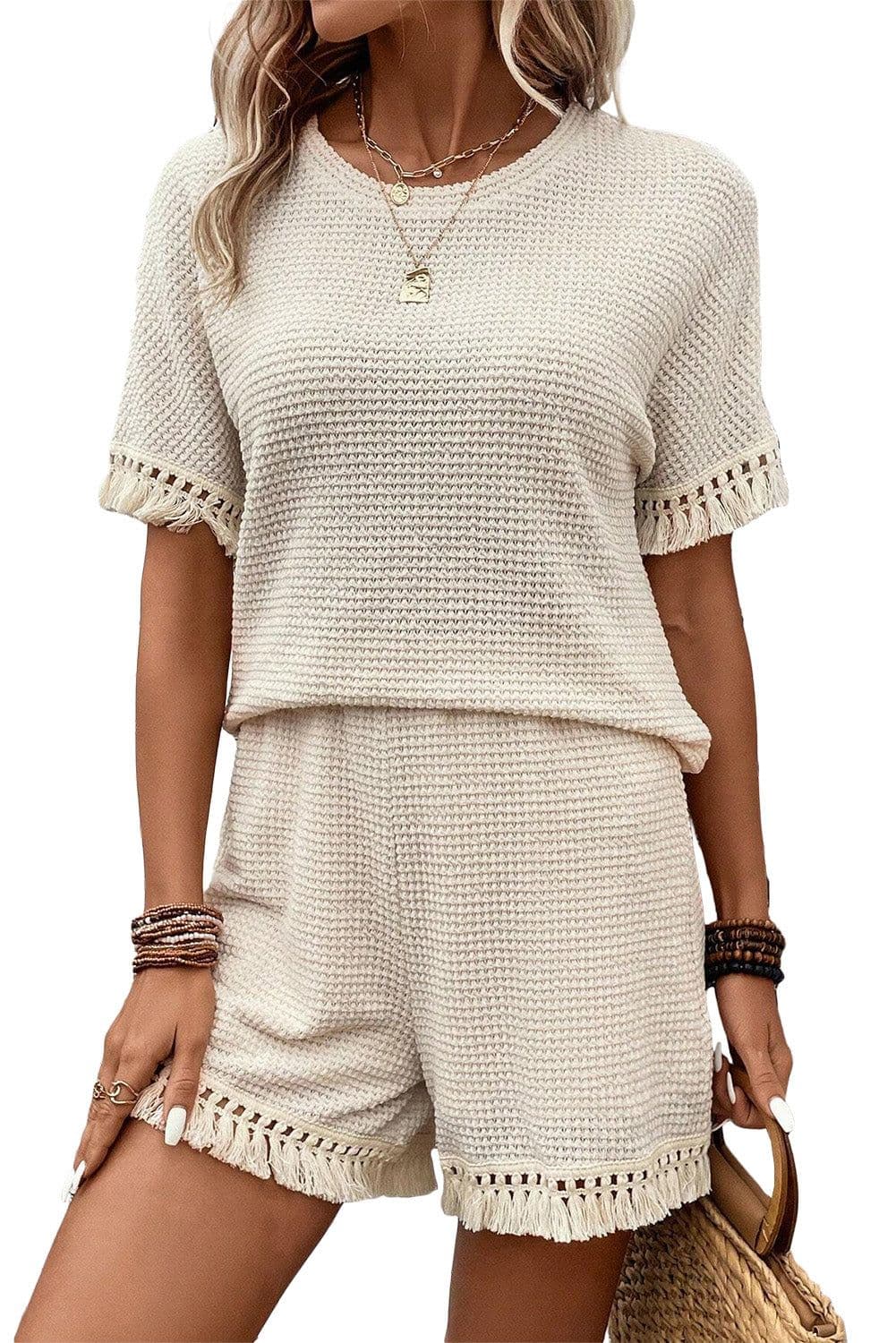 image-Beige Fringe Trim Textured Short Two Piece Set