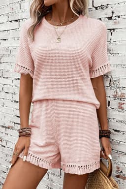 image-Beige Fringe Trim Textured Short Two Piece Set