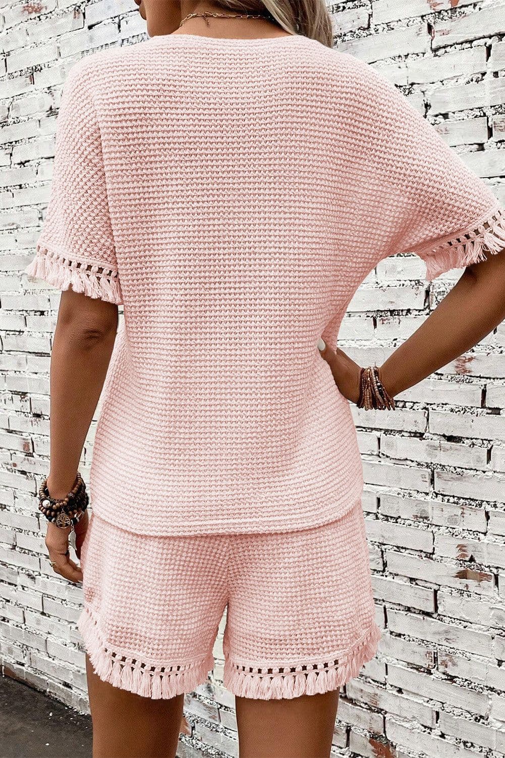 image-Beige Fringe Trim Textured Short Two Piece Set