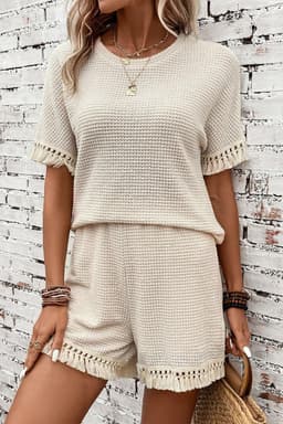 image-Beige Fringe Trim Textured Short Two Piece Set