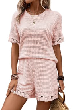 image-Beige Fringe Trim Textured Short Two Piece Set