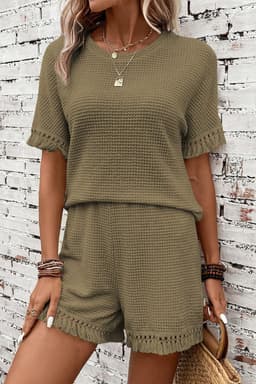 image-Beige Fringe Trim Textured Short Two Piece Set