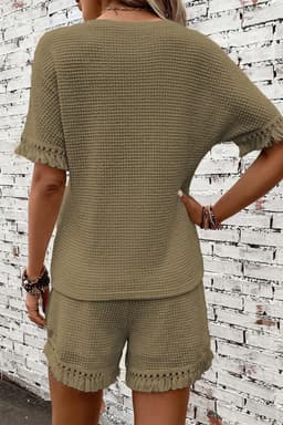 image-Beige Fringe Trim Textured Short Two Piece Set