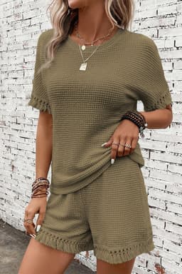 image-Beige Fringe Trim Textured Short Two Piece Set
