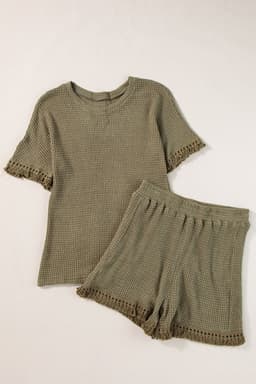 image-Beige Fringe Trim Textured Short Two Piece Set