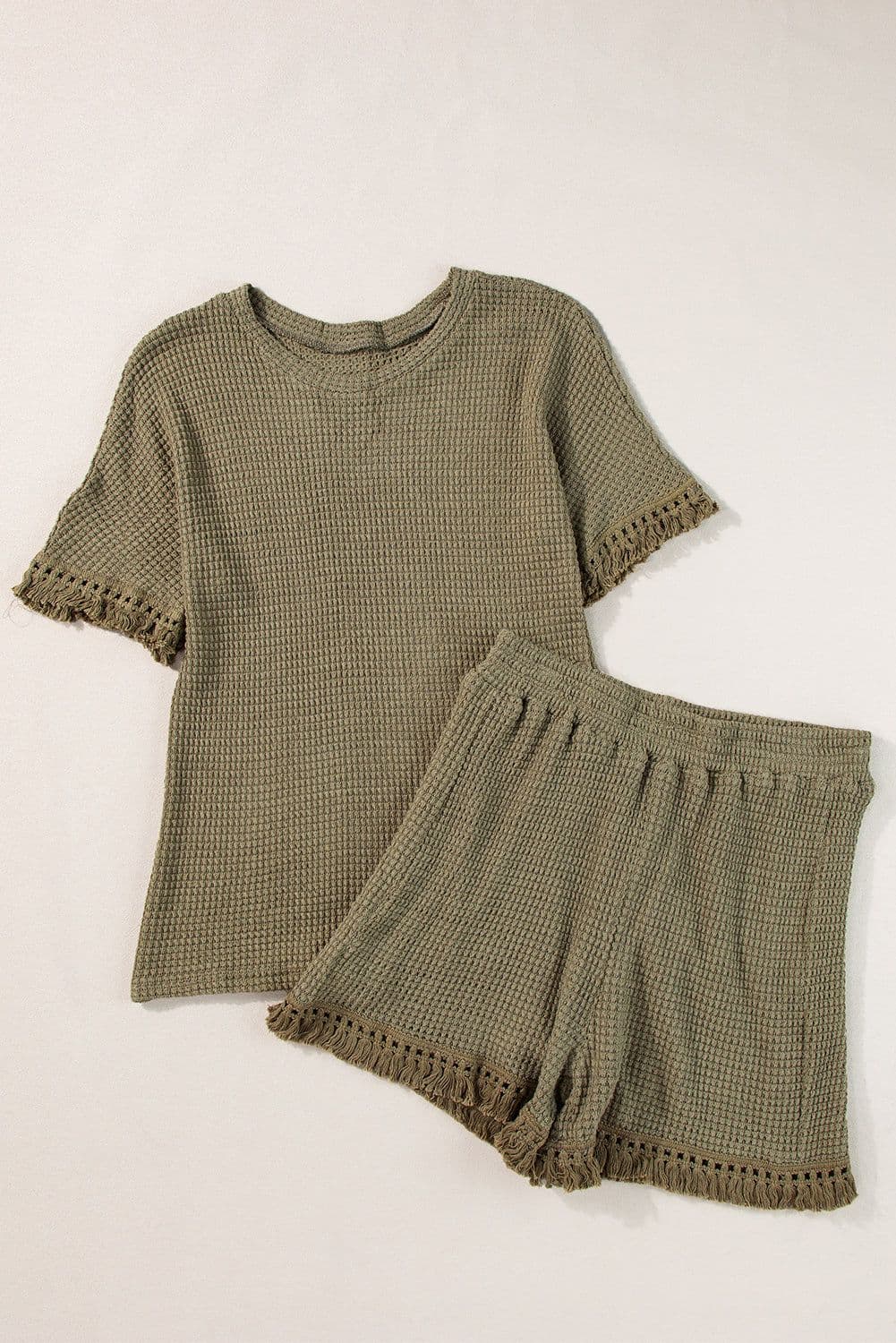 image-Beige Fringe Trim Textured Short Two Piece Set
