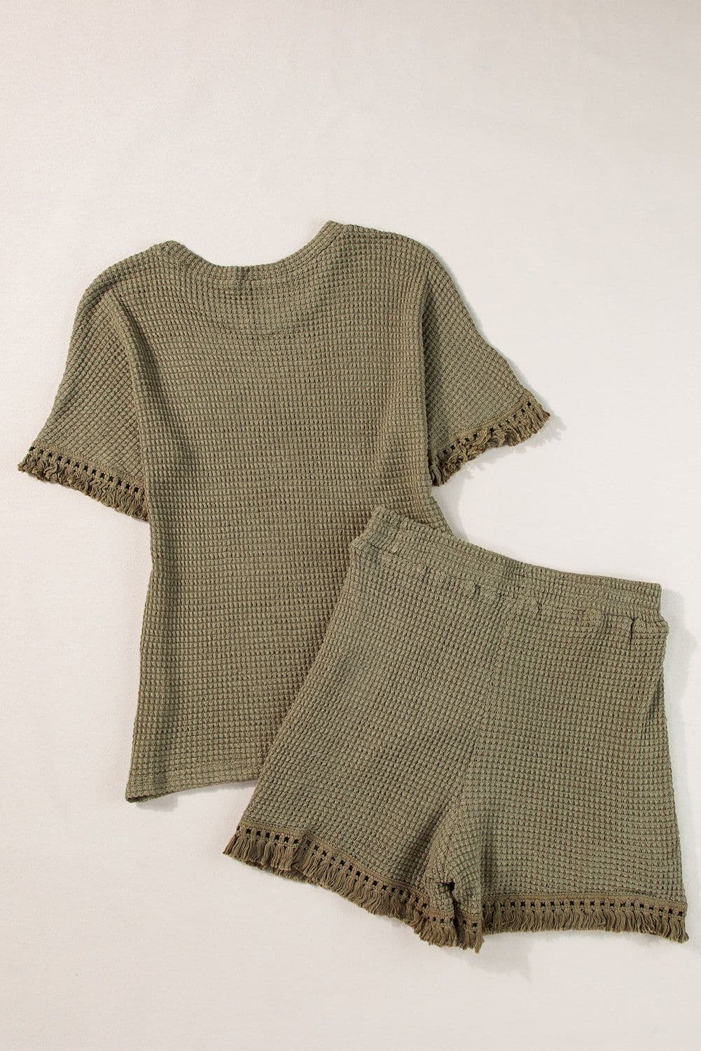 image-Beige Fringe Trim Textured Short Two Piece Set
