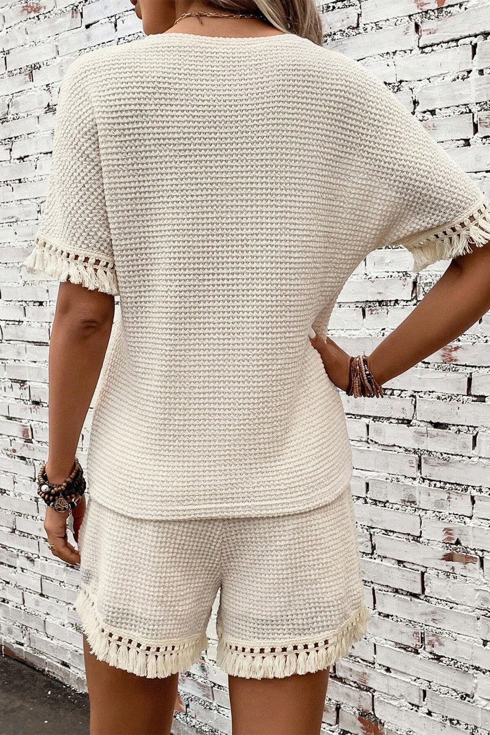 image-Beige Fringe Trim Textured Short Two Piece Set
