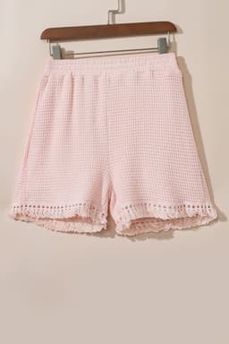 image-Beige Fringe Trim Textured Short Two Piece Set